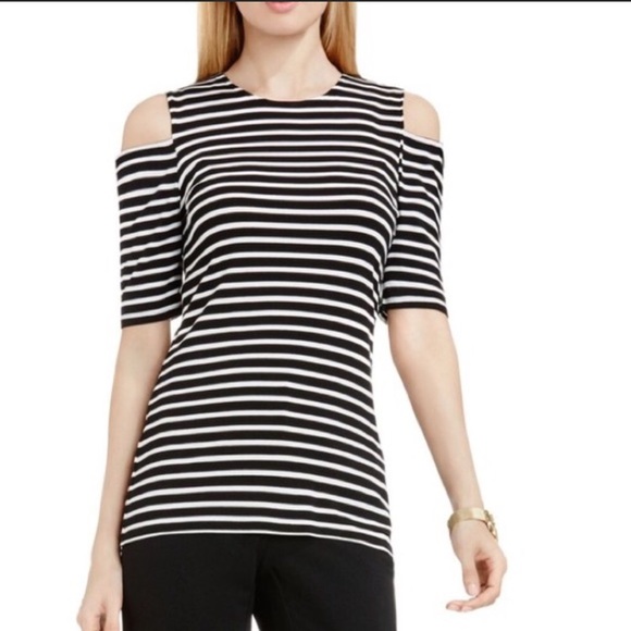 black and white striped cold shoulder top